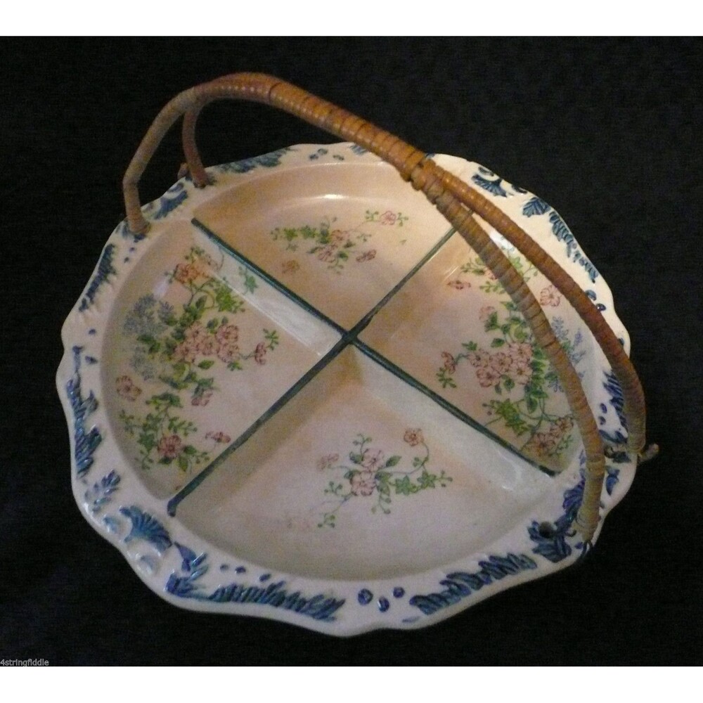 Vintage 4 Section Hand Painted Dish with Wired Wicker Handle Japan c1940's